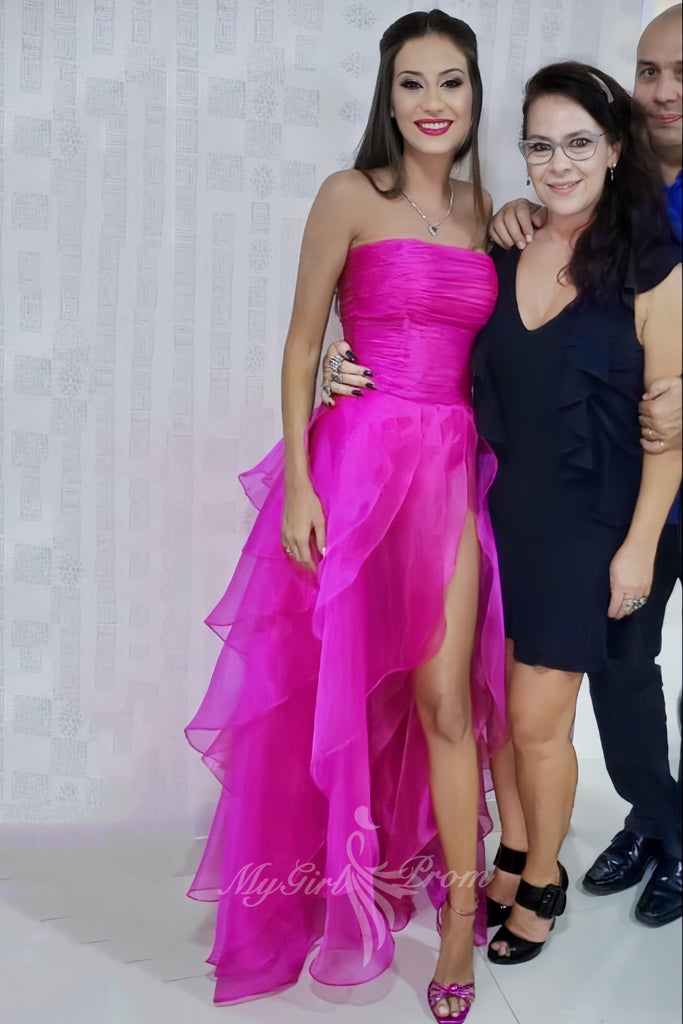 simple hot pink organza strapless prom dresses long slit evening gown