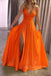 simple orange long prom dress v neck sleeveless slit evening gown
