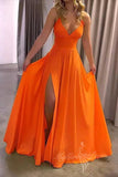 Simple Orange Long Prom Dress V-neck Sleeveless Slit Evening Gown GP575