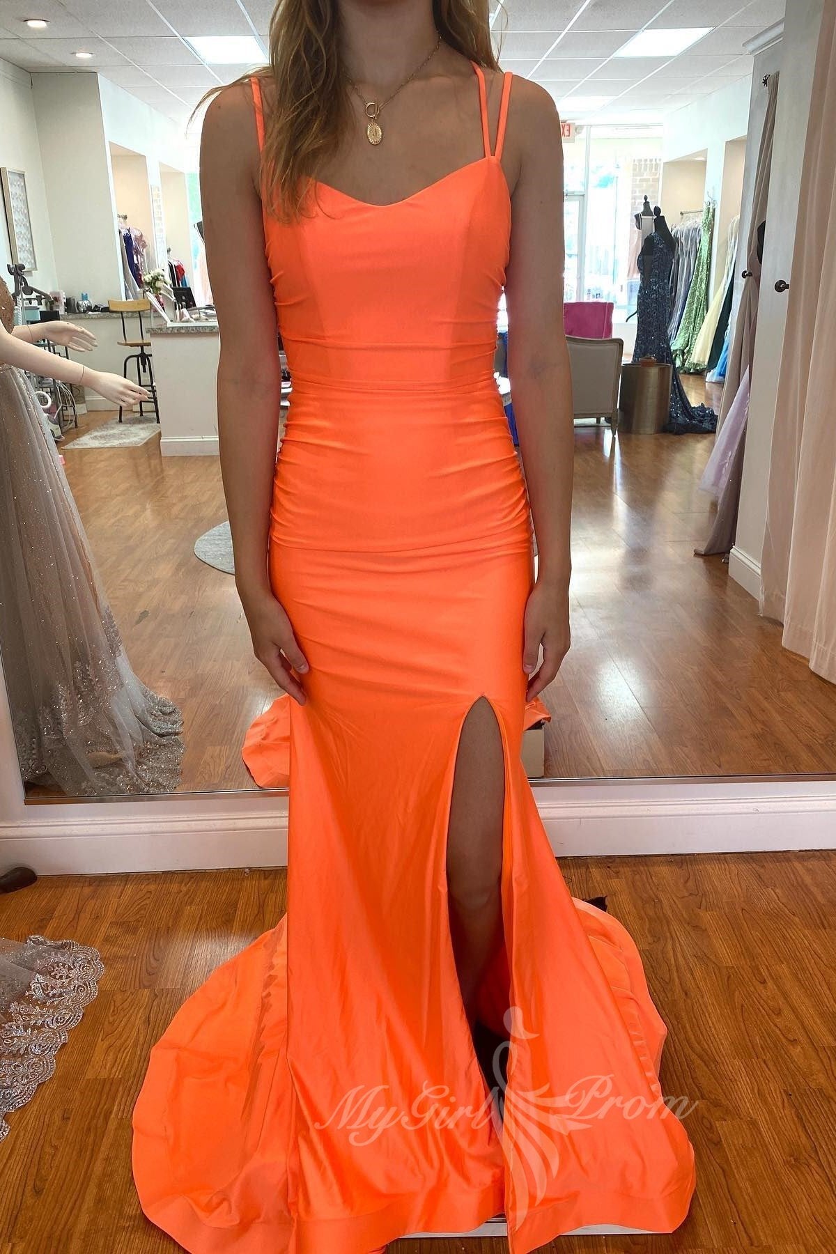 Simple Satin Orange Mermaid High Slit Prom Dress, Lace-Up Long Formal Dress GP594