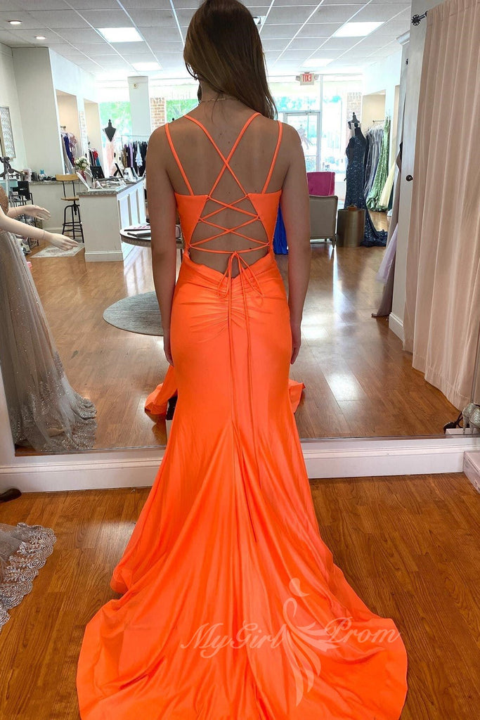 simple satin orange mermaid high slit prom dress lace up long formal dress
