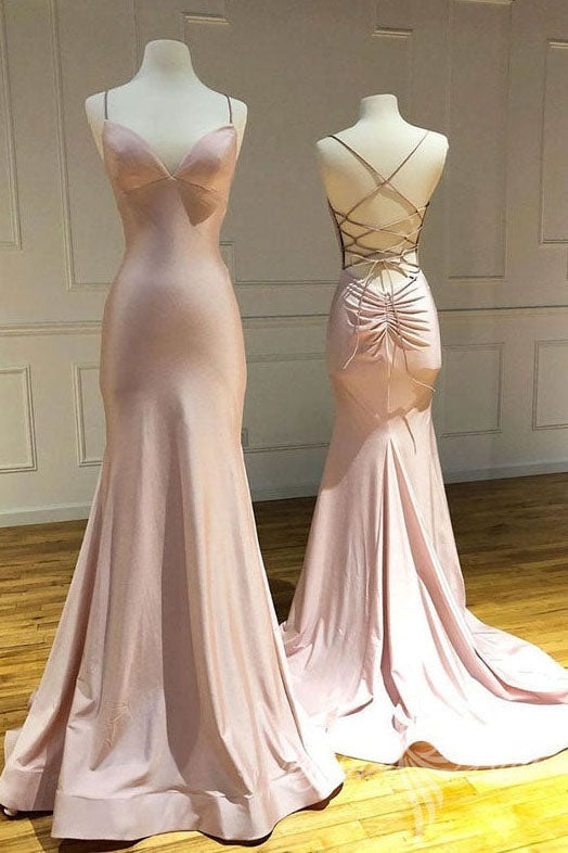 simple spaghetti straps pink mermaid long prom dress backless evening gown