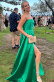 Simple Strapless Green Satin Sleeveless Long Prom Evening Dress with Slit GP665