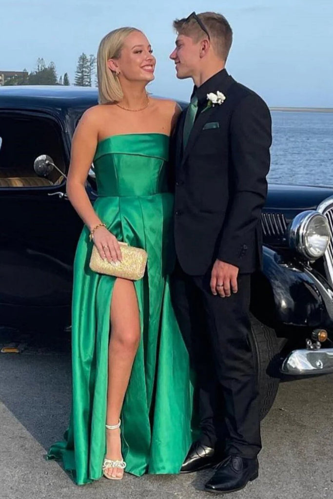 Simple Strapless Green Satin Sleeveless Long Prom Evening Dress with Slit GP665