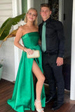 Simple Strapless Green Satin Sleeveless Long Prom Evening Dress with Slit GP665