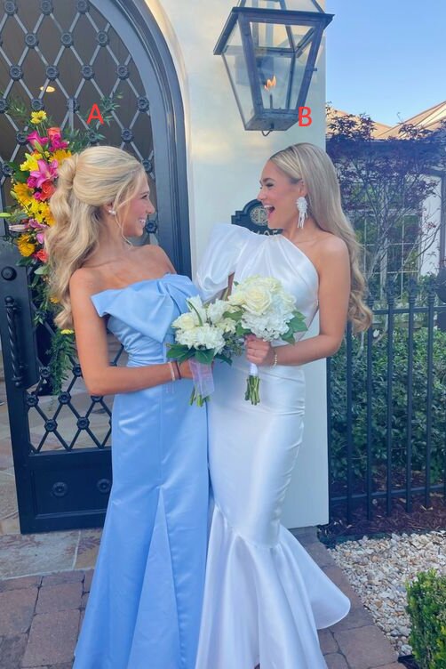 sky blue bowknot satin prom dress long sheath bridesmaid dresses