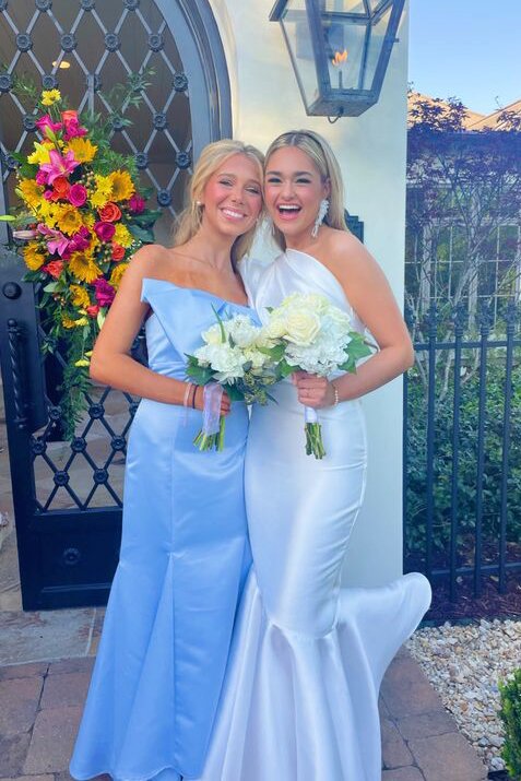 Sky Blue Bowknot Satin Prom Dress Long Sheath Bridesmaid Dresses GB204
