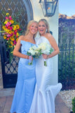 Sky Blue Bowknot Satin Prom Dress Long Sheath Bridesmaid Dresses GB204