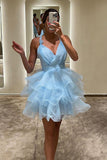 Organza Purple Short Prom Dresses A Line Tiered V-Neck Homecoming Dress GM697