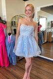 Sky Blue Tulle Short A-line Backless Homecoming Dresses with Appliques GM742