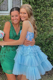 Sky Blue V Neck A-line Layered Sequin Tulle Homecoming Dress GM686