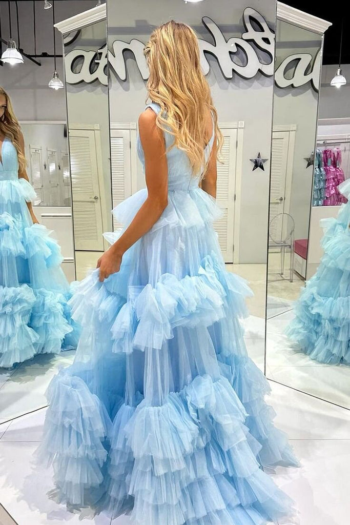 sky blue v neck tulle ruffles a line prom dress tiered long formal gown