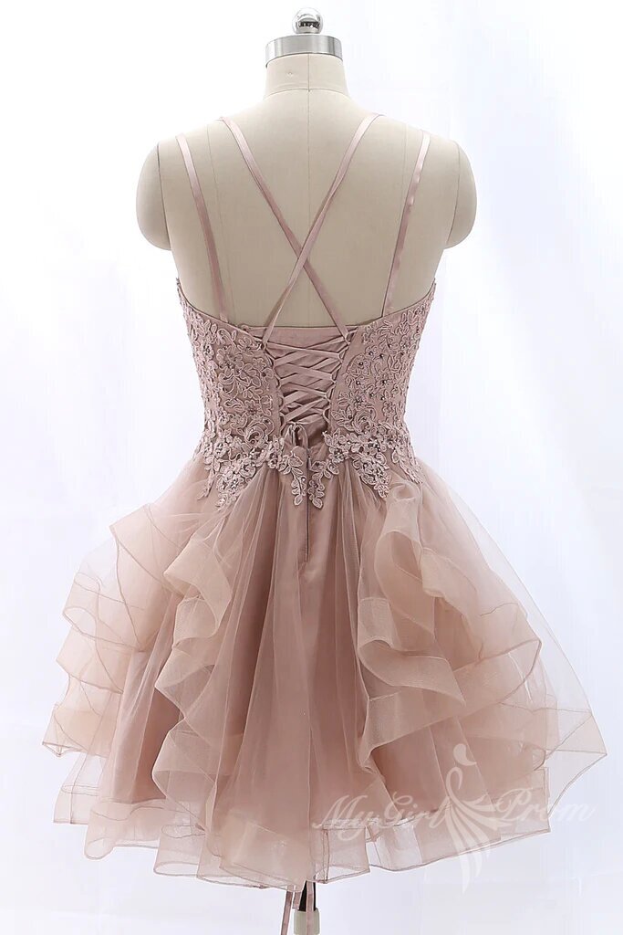 Spaghetti Lace Pink Homecoming Dresses Tulle Short Party Formal Dress GM634