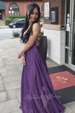 Spaghetti Straps A Line Prom Dress Purple Sequin Backless Evening Gowns GP734