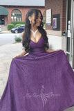 Spaghetti Straps A Line Prom Dress Purple Sequin Backless Evening Gowns GP734