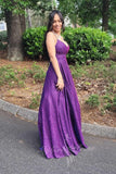 Spaghetti Straps A Line Prom Dress Purple Sequin Backless Evening Gowns GP734