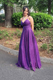 Spaghetti Straps A Line Prom Dress Purple Sequin Backless Evening Gowns GP734