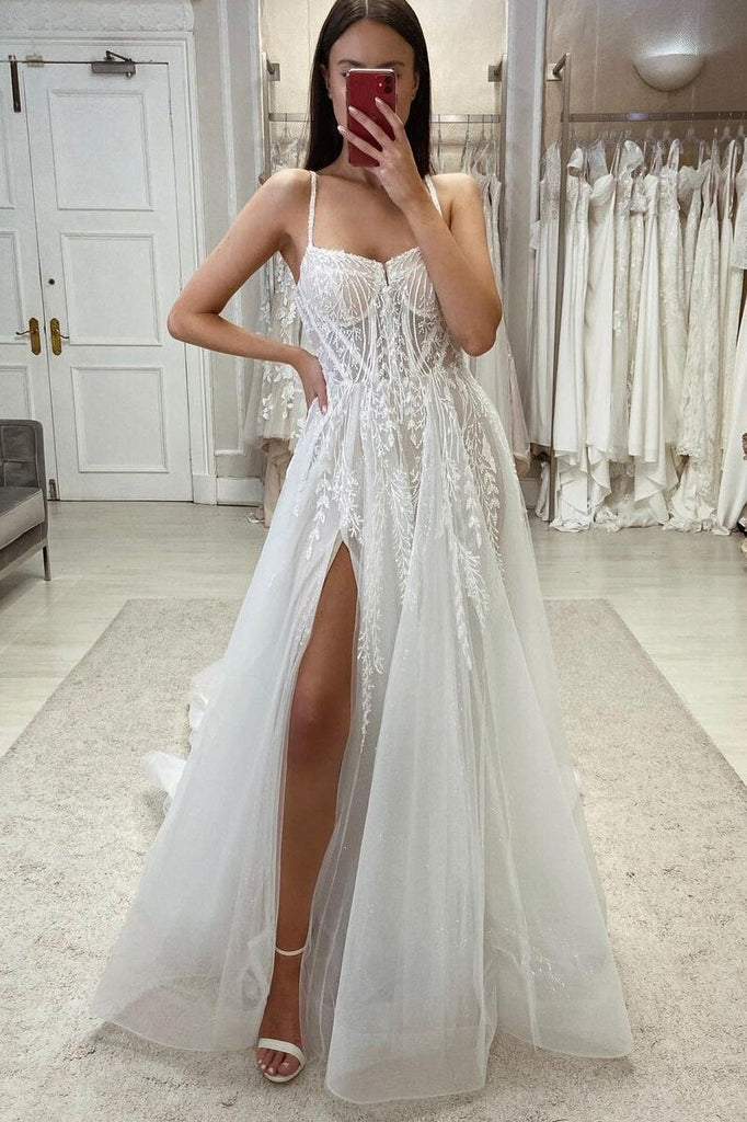 Spaghetti Straps Appliques Tulle Slit Wedding Dress, Shiny Bridal Dress PW561