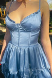 Spaghetti Straps Blue Long Prom Dress with Ruffles, Slit Evening Dress GP750