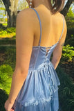 Spaghetti Straps Blue Long Prom Dress with Ruffles, Slit Evening Dress GP750