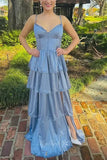 Spaghetti Straps Blue Long Prom Dress with Ruffles, Slit Evening Dress GP750