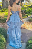 Spaghetti Straps Blue Long Prom Dress with Ruffles, Slit Evening Dress GP750