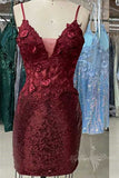 Spaghetti Straps Burgundy Sequins Tight Homecoming Dresses With Applique GM612