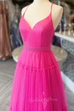 Spaghetti Straps Hot Pink Tulle Long Prom Dress With Beading GP702