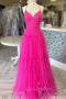 Spaghetti Straps Hot Pink Tulle Backless Long Prom Dress With Beading GP702
