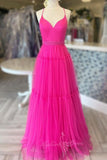 Spaghetti Straps Hot Pink Tulle Long Prom Dress With Beading GP702