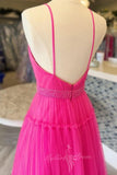 Spaghetti Straps Hot Pink Tulle Long Prom Dress With Beading GP702