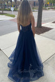 Spaghetti Straps Navy Blue Tulle Corset Prom Dress A Line Evening Gowns GP724