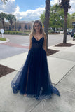 Spaghetti Straps Navy Blue Tulle Corset Prom Dress A Line Evening Gowns GP724