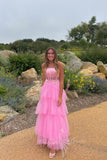 Spaghetti Straps Pink A Line Prom Dress Tulle Formal Dress with Layers GP740