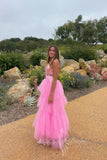 Spaghetti Straps Pink A Line Prom Dress Tulle Formal Dress with Layers GP740