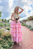 Spaghetti Straps Pink V Neck Ruffle Long Promi Dress, Pink Graduation Gown GP776