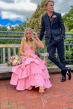 Spaghetti Straps Pink V Neck Ruffle Long Promi Dress, Pink Graduation Gown GP776