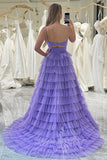 Spaghetti Straps Purple A Line Prom Dress Slit Formal Dress with Layered GP738