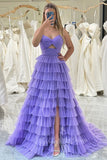 Spaghetti Straps Purple A Line Prom Dress Slit Formal Dress with Layered GP738