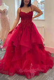 Spaghetti Straps Red A Line Prom Dress Beading Appliques Formal Dress GP737