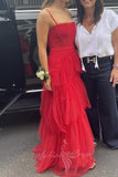 Spaghetti Straps Red Tulle Prom Dress Princess Evening Gowns with Ruffles GP722