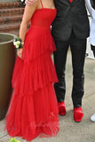 Spaghetti Straps Red Tulle Prom Dress Princess Evening Gowns with Ruffles GP722