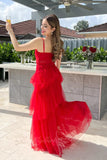 Spaghetti Straps Red Tulle Prom Dress Princess Evening Gowns with Ruffles GP722