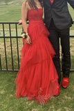 Spaghetti Straps Red Tulle Prom Dress Princess Evening Gowns with Ruffles GP722