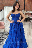 Spaghetti Straps Royal Blue Prom Dress Layers Evening Gowns with Appliques GP728