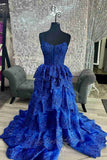 Spaghetti Straps Royal Blue Prom Dress Layers Evening Gowns with Appliques GP728