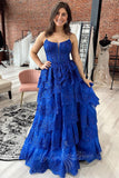 Spaghetti Straps Royal Blue Prom Dress Layers Evening Gowns with Appliques GP728