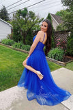 Spaghetti Straps Royal Blue Tulle Long Prom Dress A Line Slit Evening Gowns GP730