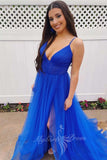 Spaghetti Straps Royal Blue Tulle Long Prom Dress A Line Slit Evening Gowns GP730