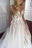 Spaghetti Straps V-Neck Lace Appliques Sheer A-line Tulle Beach Wedding Dress PW492